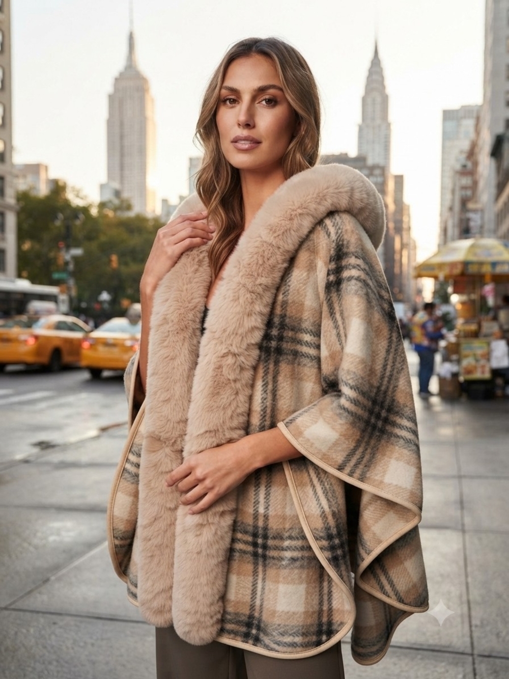 Vince Camuto Plaid Faux Fur Trim Poncho Cape OS